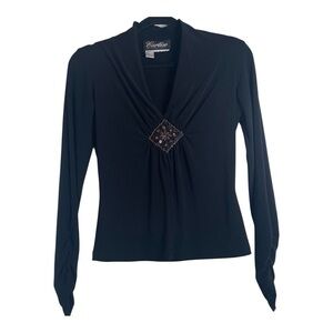 Cartise International Size 6 Black Embellished Elegant  V-Neck Glam Chic Blouse